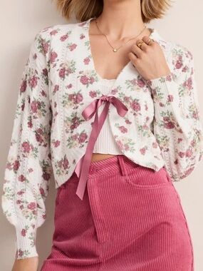 Francesca's White V-Neck Floral Bow Tie-Sweater Cottage core Coquette Cardigan